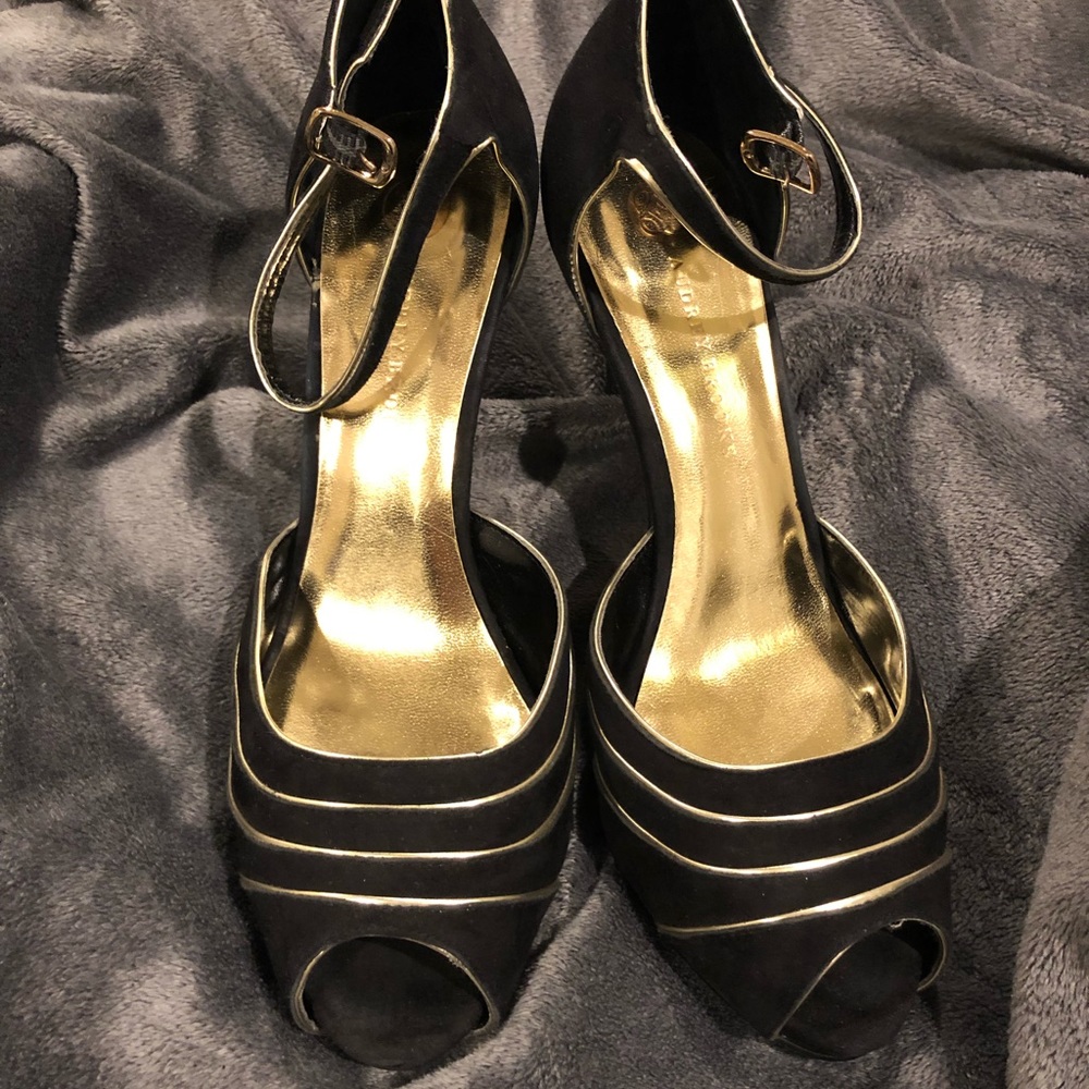 Audrey Brooke black peep toe heels